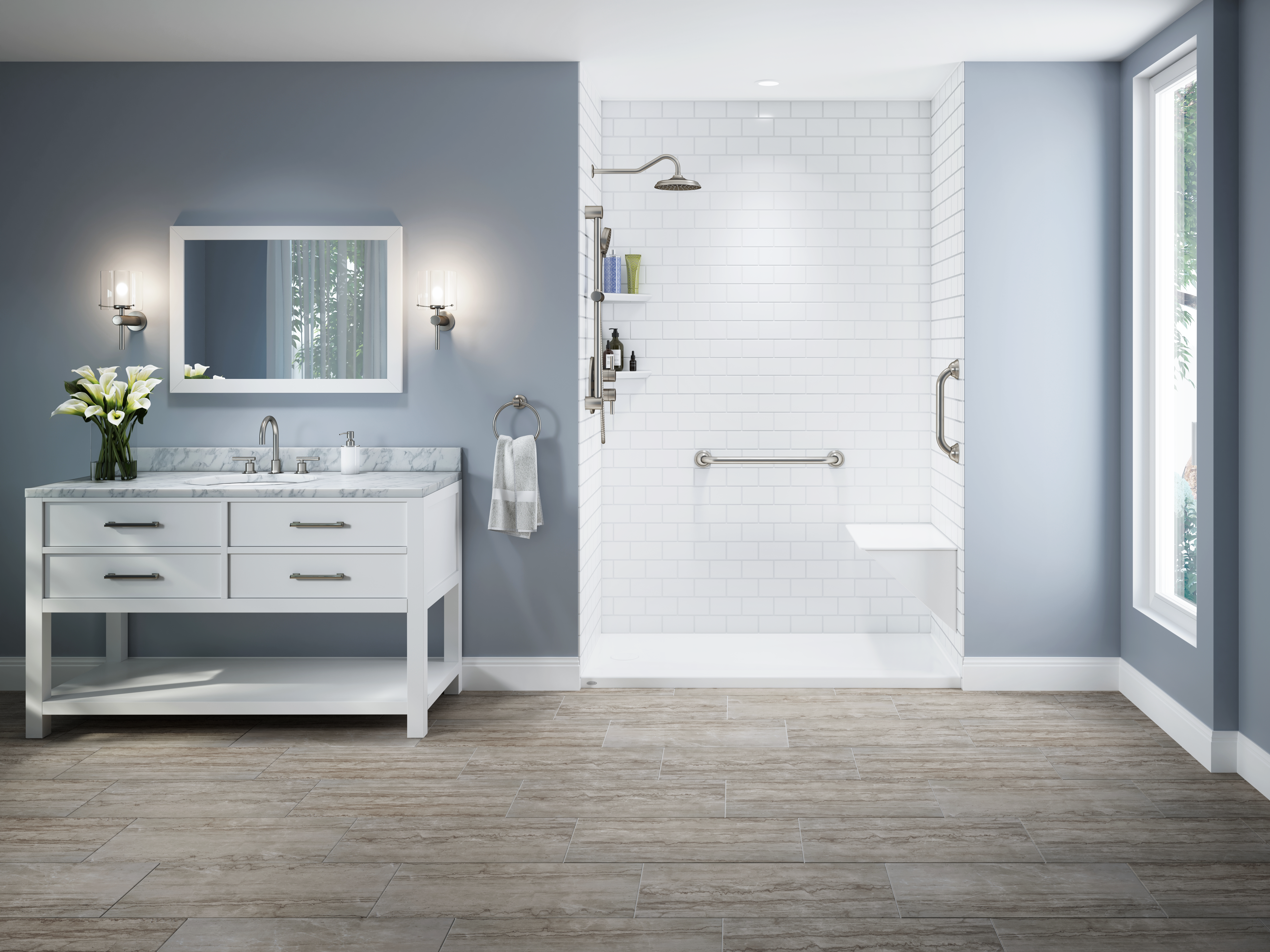 Beautiful walk-in shower with white subway tiles and modern fixtures